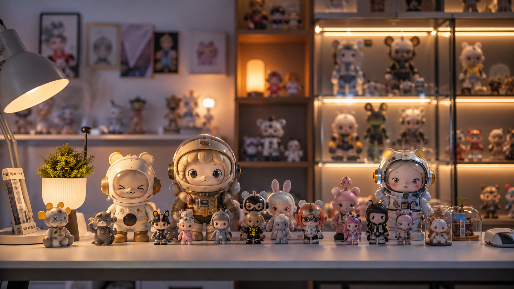 Designer collectible toys displayed on a modern desk with warm lighting and aesthetic shelving for adult collectors.