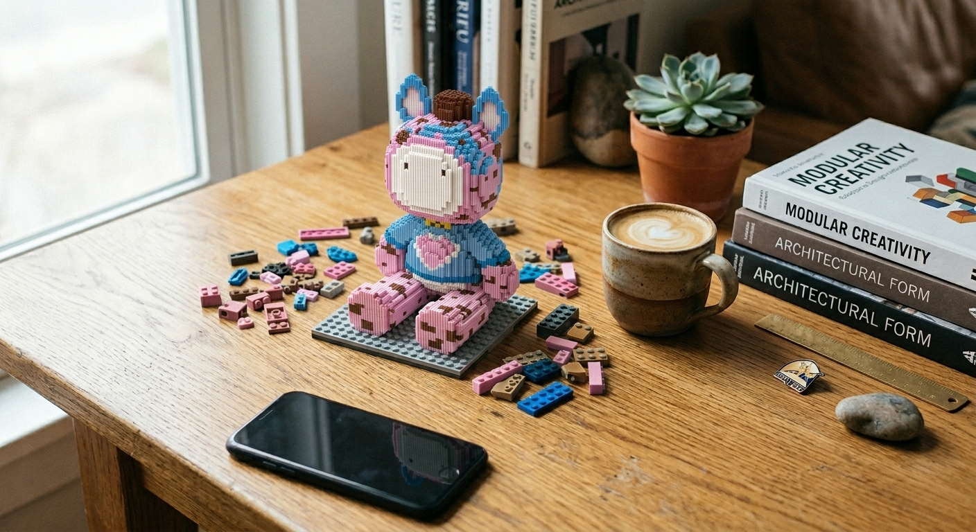A cute pink and blue designer toy collectible building block mascot under construction during a screen-free lifestyle session.
