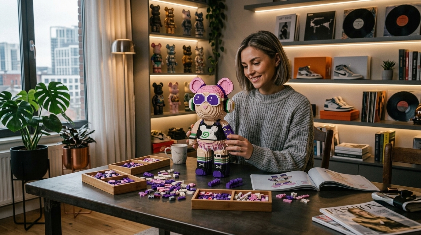 Adults enjoying building block toys as a screen-free hobby for relaxation and stress relief at home