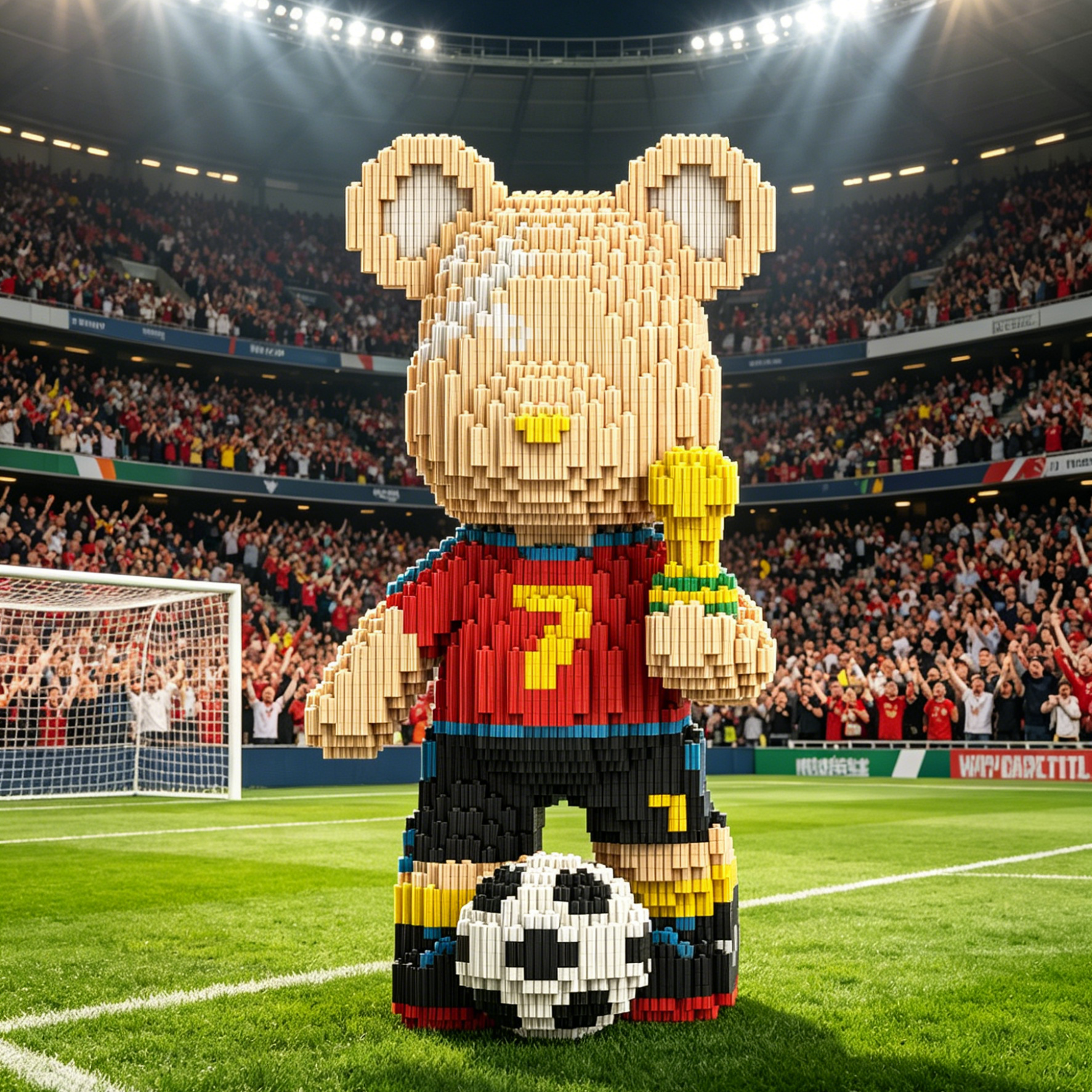 Soccer-themed collectible building block bear on display shelf